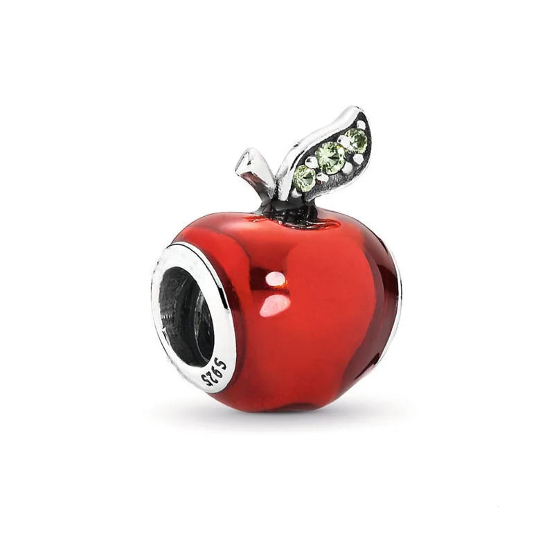 925 sterling silver apple charm bead with red enamel and green leaf accent