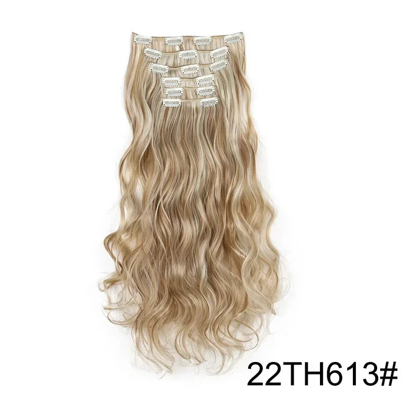Full head clip-in hair extensions, long wavy blonde hair with comb clips, 22TH613#