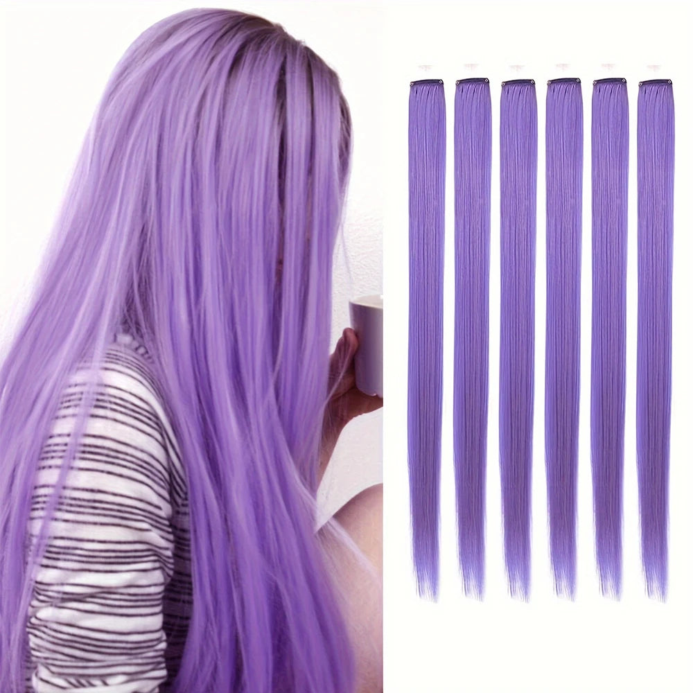 Violet purple clip-in hair highlight set with six long straight strands