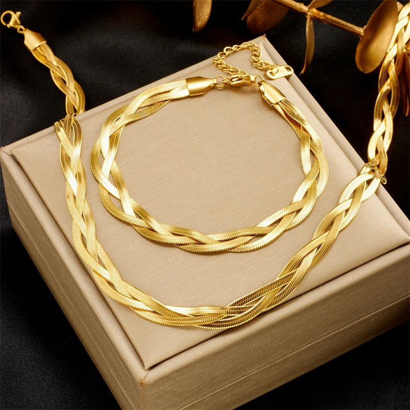 Gold snake-chain necklace and bracelet set, layered braided oval links with lobster clasps
