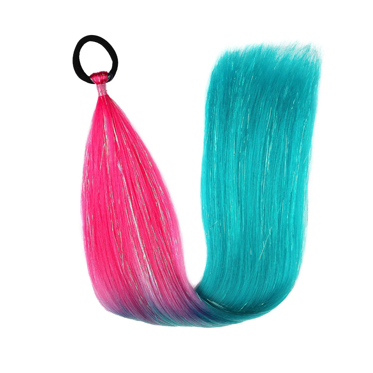 Ombre braid ponytail hair tinsel, synthetic; pink to teal gradient with top loop