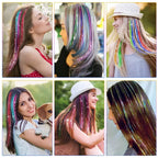 Multicolor hair tinsel strands on different hairstyles, with clip attachments