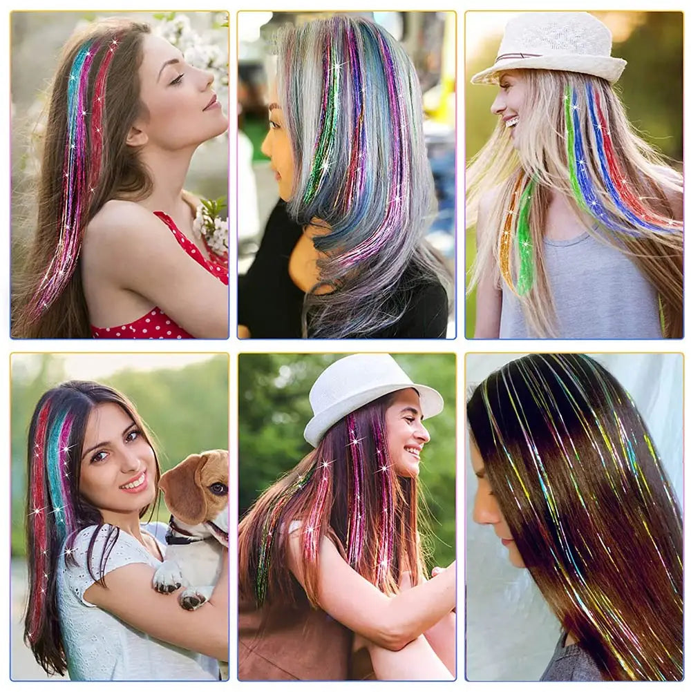 Multicolor hair tinsel strands on different hairstyles, with clip attachments