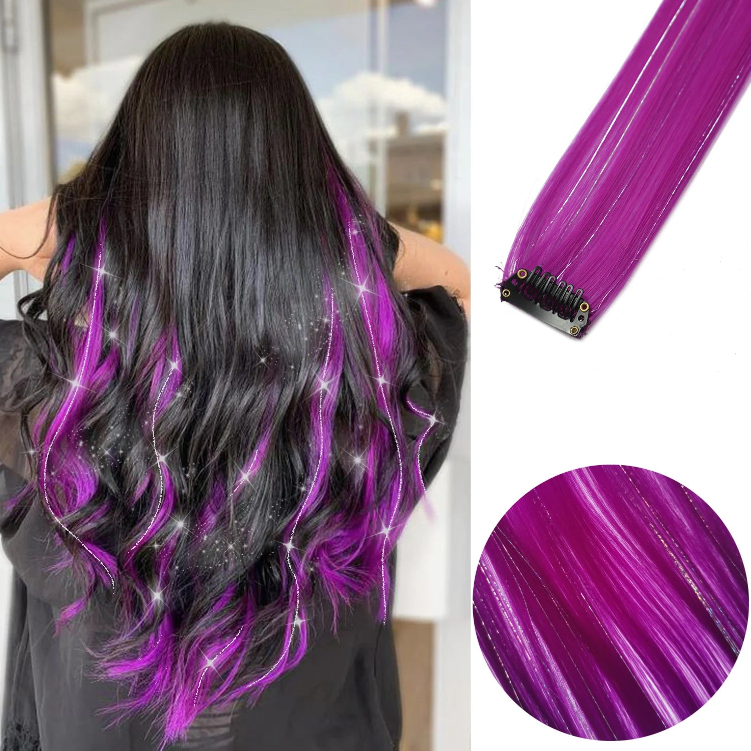 Purple and magenta clip-in hair highlight set with six long straight strands