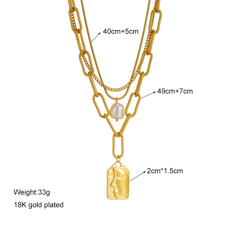 3-Layer Pearl Square Portrait Pendant Necklace — 316L Stainless Steel