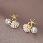 Boucles d'oreilles pendantes bohème à pompons — Étoile de mer et coquillage
