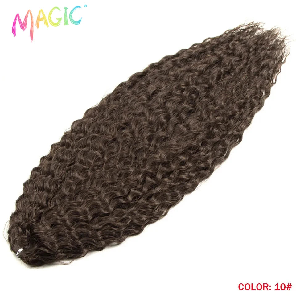 Synthetic water-wave crochet braids in dark brown, dense springy curls