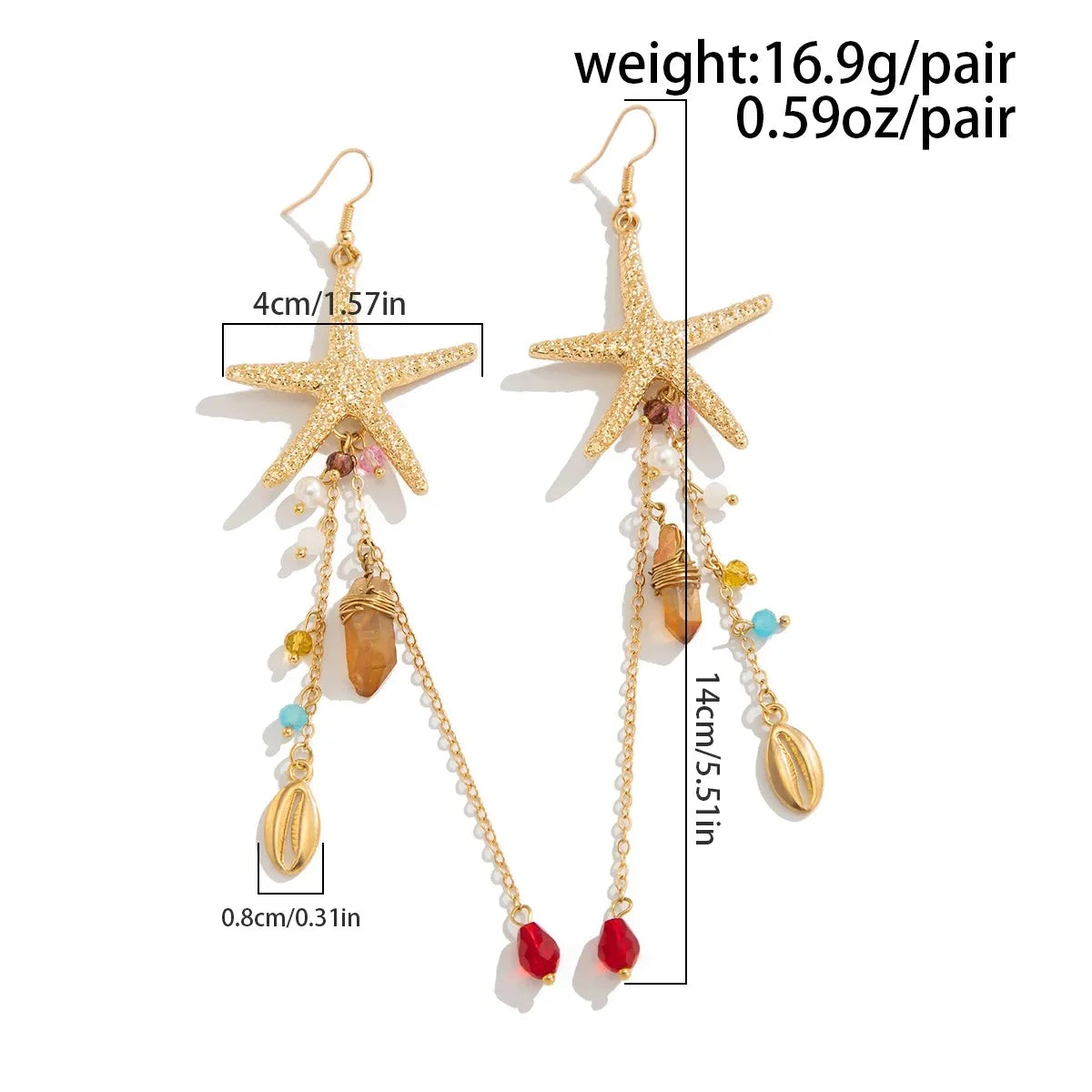 Boucles d'oreilles pendantes bohème à pompons — Étoile de mer et coquillage