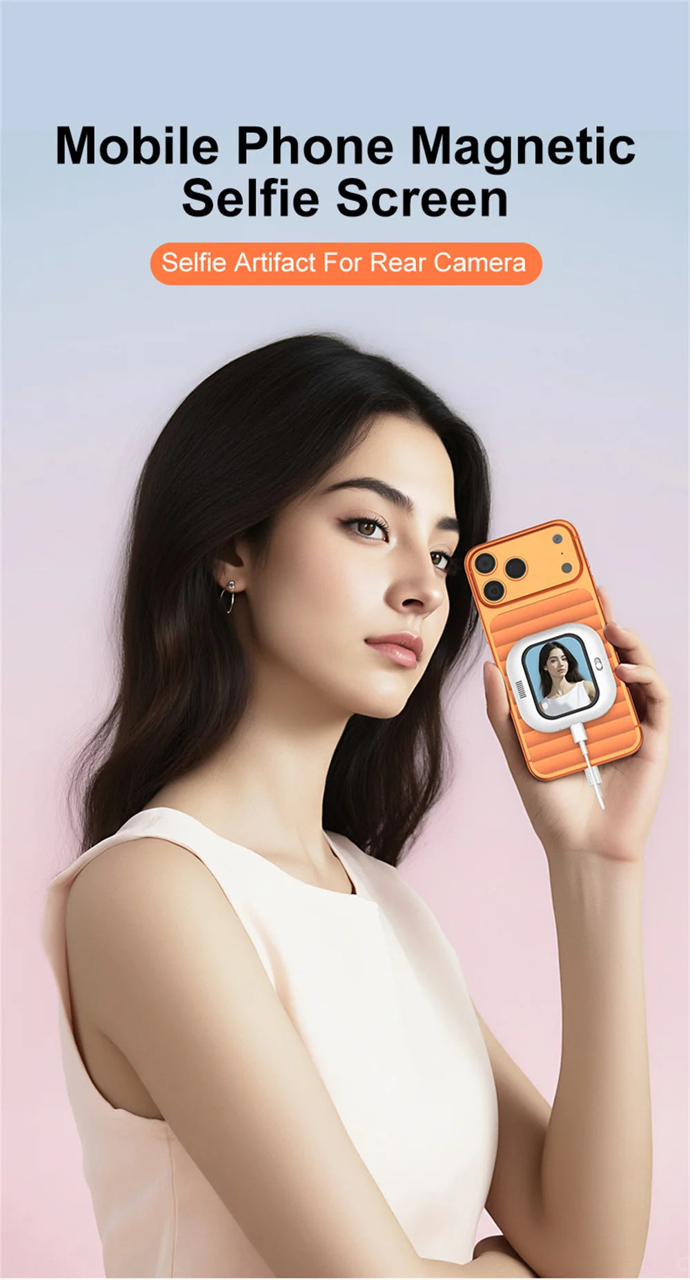 Mini magnetic selfie monitor screen for rear selfies with orange phone-style case