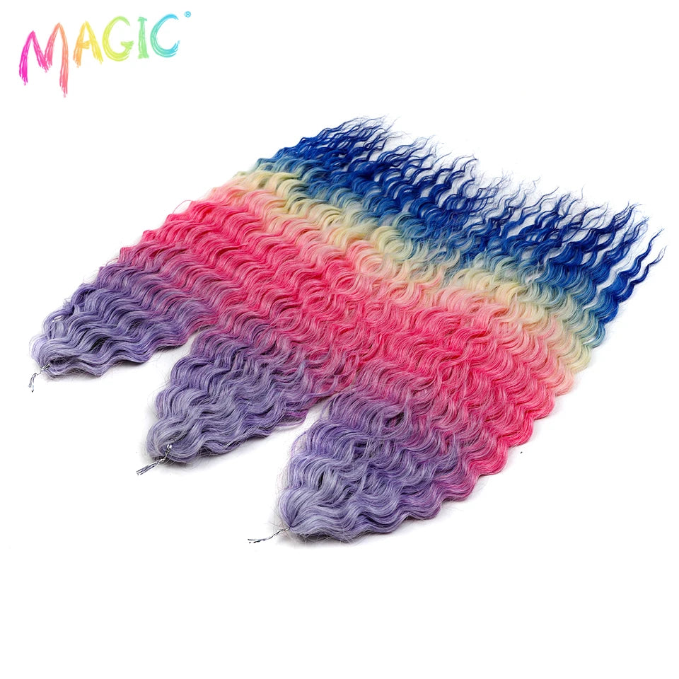 Water wave crochet braids, synthetic ombre pink, purple, and blue curls, 22 in