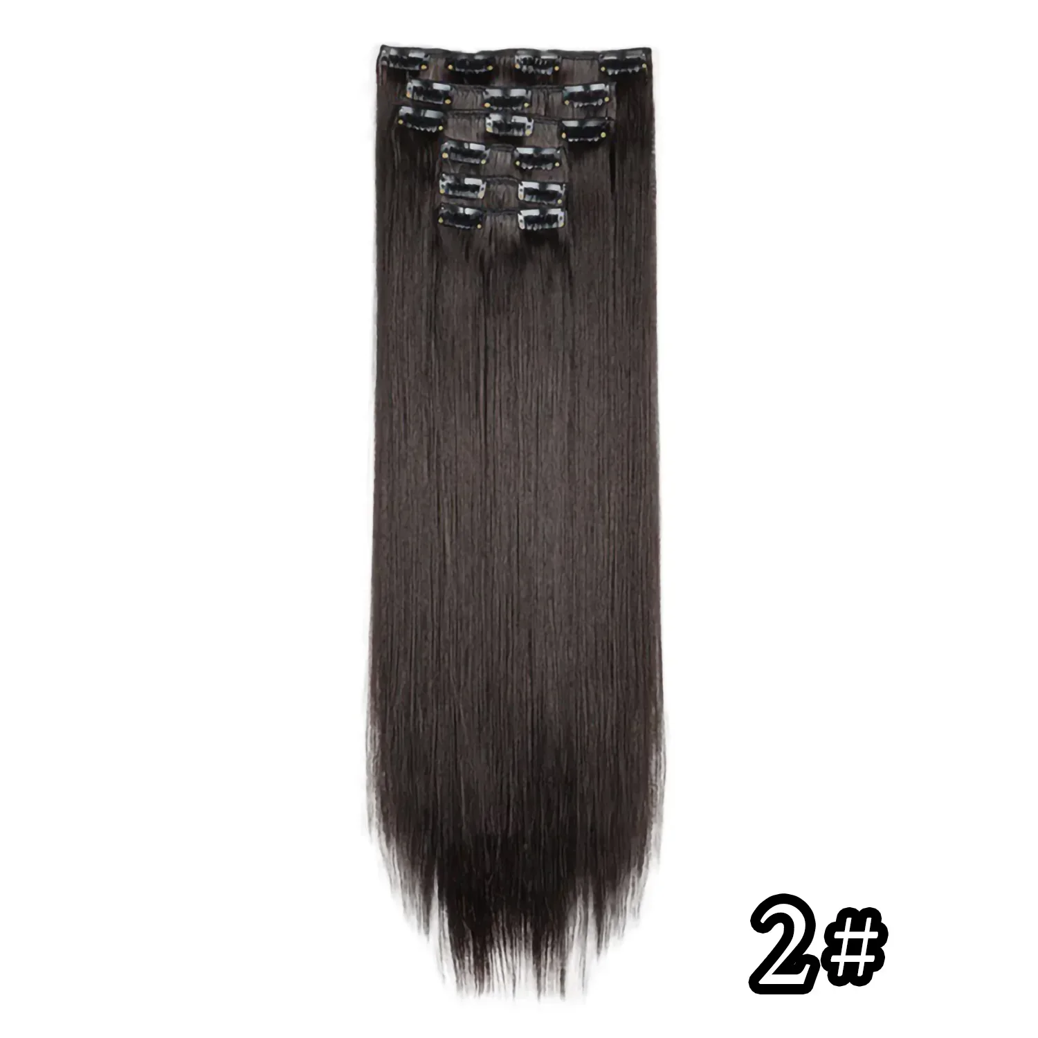 Full head clip-in hair extension, long straight dark brown with snap clips