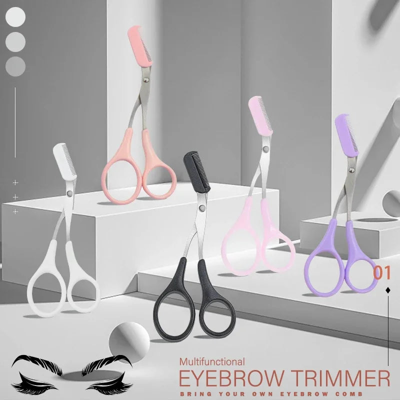 Eyebrow scissors with comb, assorted handle colors on display