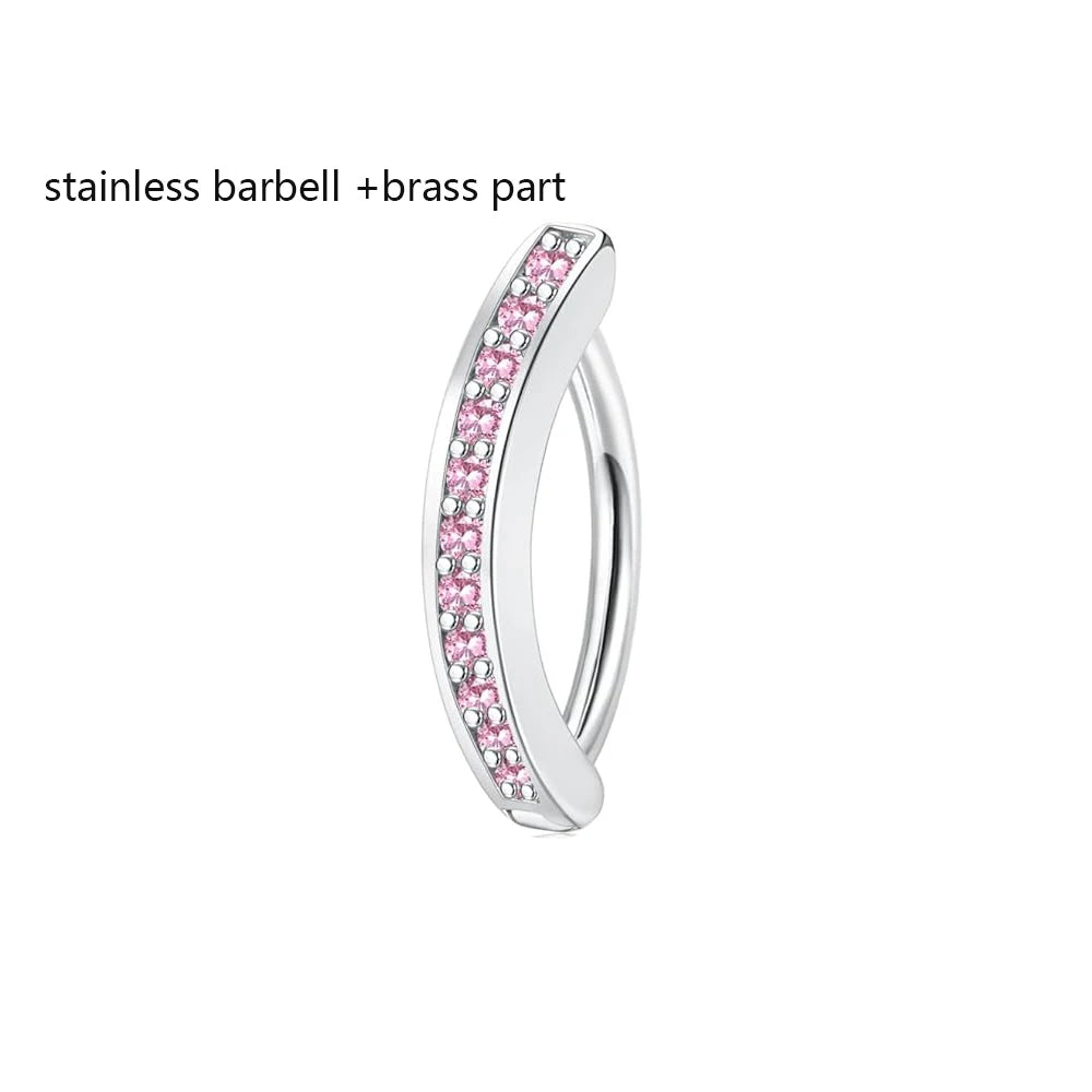 Belly button ring clicker with pink stone line set in silver-tone hoop