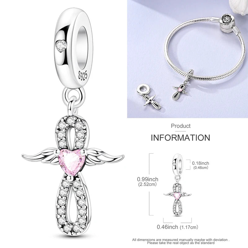 925 sterling silver charm bead with pink heart angel figure and crystal details