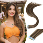 Synthetic straight tape-in hair extension worn on model, long dark-brown hair with volume