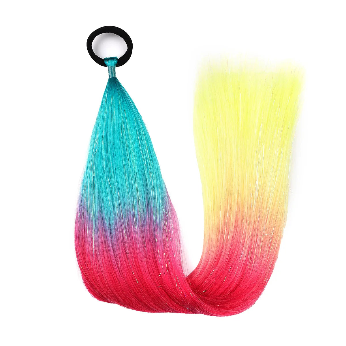 Ombre synthetic braid ponytail hair tinsel in teal to yellow to red, with loop top