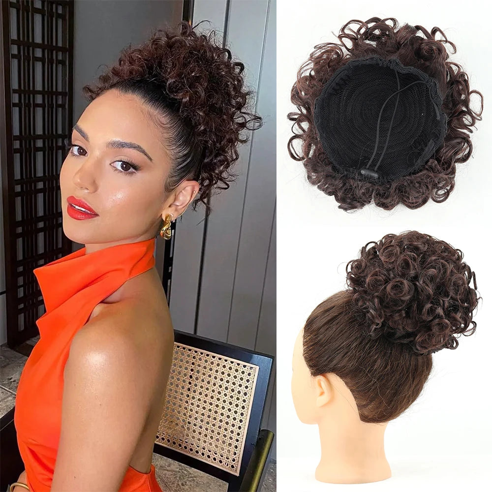 Drawstring messy bun hair piece, dark brown curly loose-wave bun with inner cap
