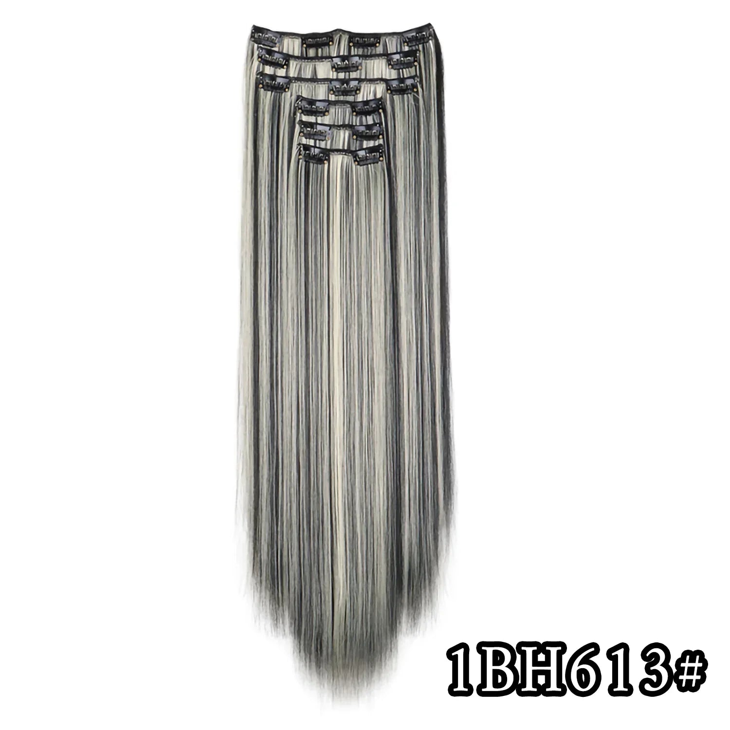 Full head clip-in hair extension, long straight cool gray with snap clips
