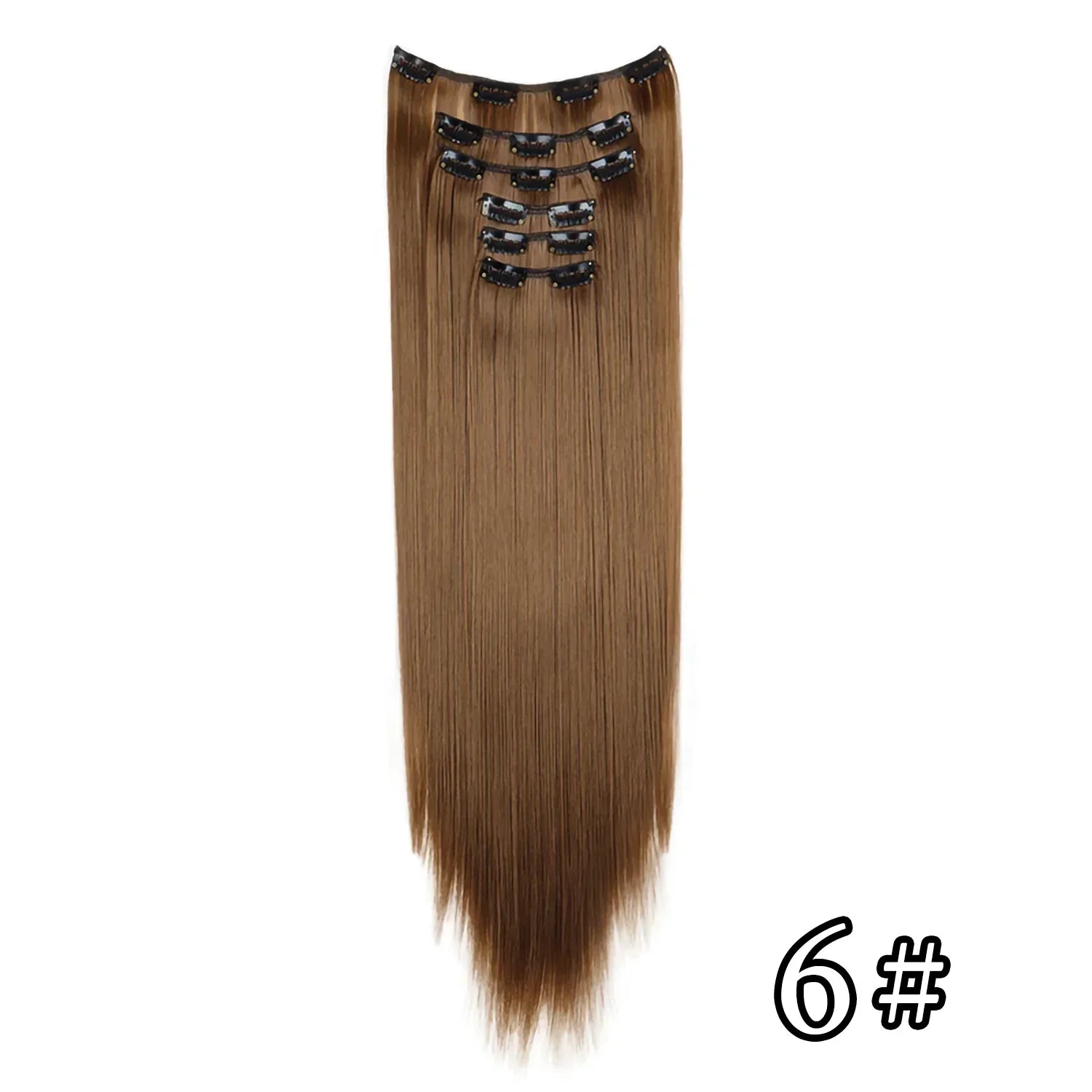 Straight synthetic hair extension, warm brown with black clip-in combs