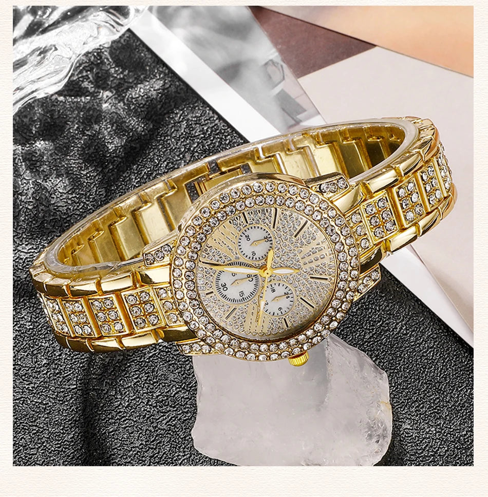 Gold-tone rhinestone watch with bracelet band and three subdials