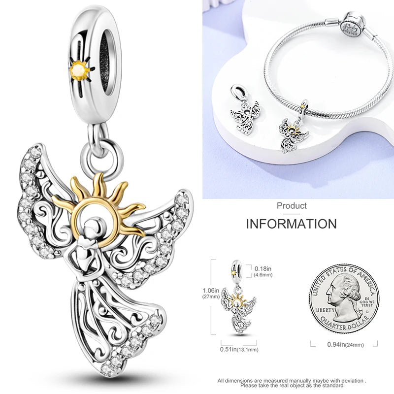 925 sterling silver angel charm with yellow sun detail and clear stone wings