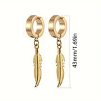 Gold hoop ear clips with dangling feather charms, set of two