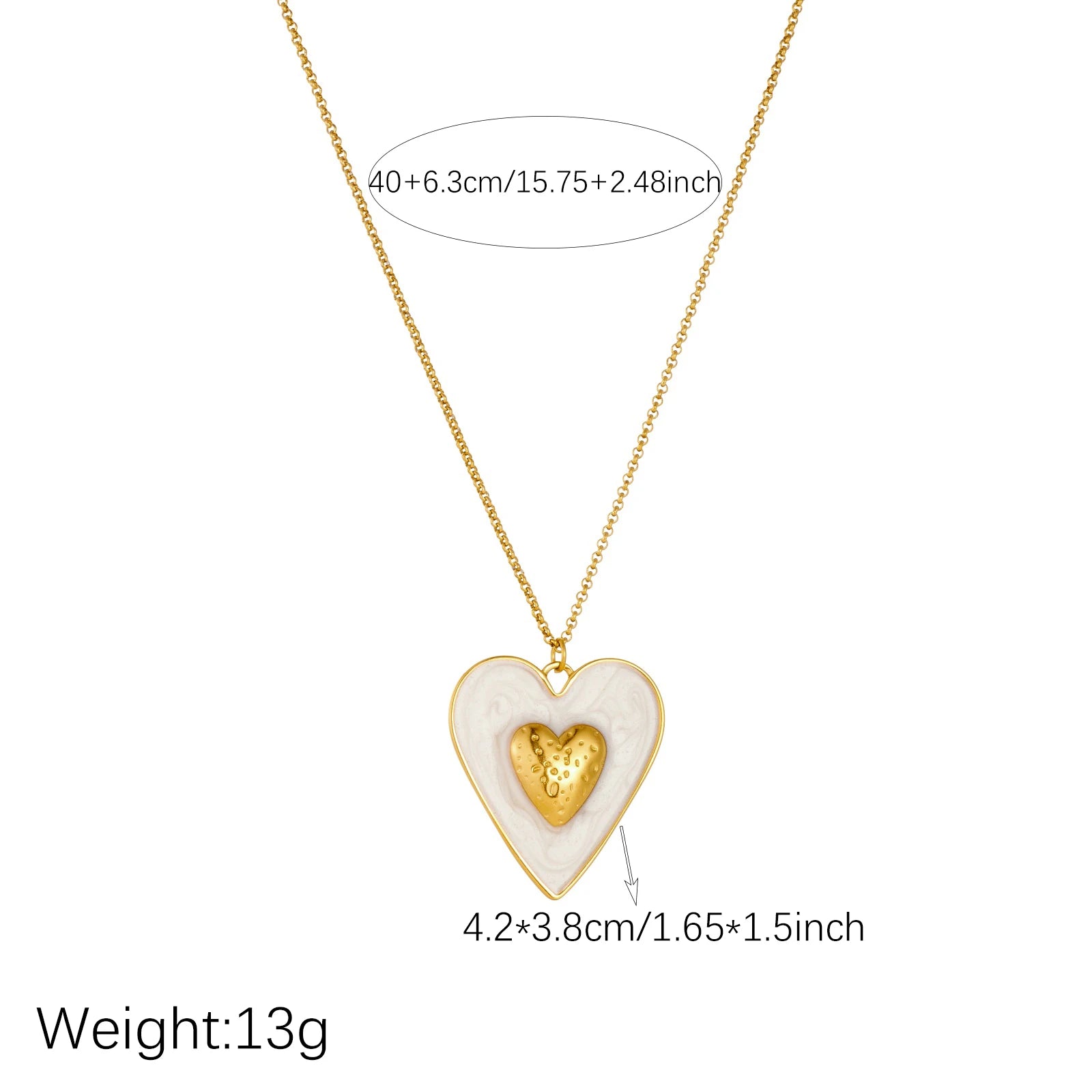 Gold chain necklace with white enamel heart pendant and gold inner heart