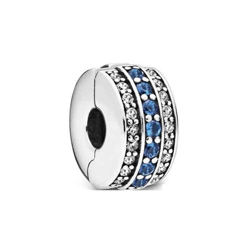 Sterling silver round charm bead with blue enamel stripe and clear rhinestones