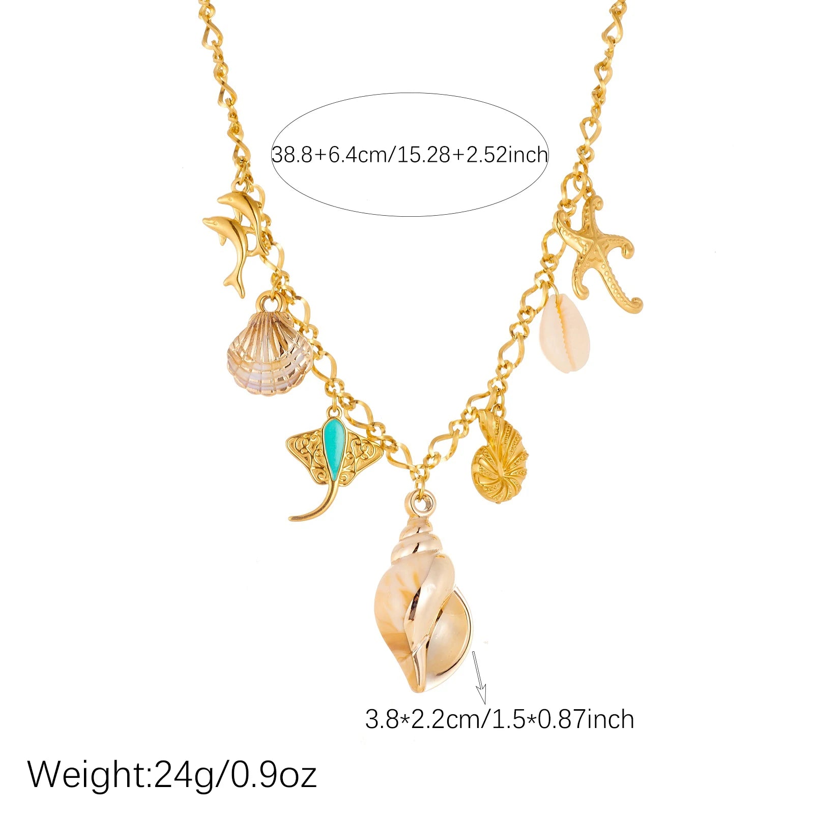 Gold-tone ocean charm necklace with seashell, starfish, and seahorse pendants on chain