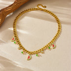 Watermelon enamel charm necklace with gold-tone chain and small dangling watermelon charms