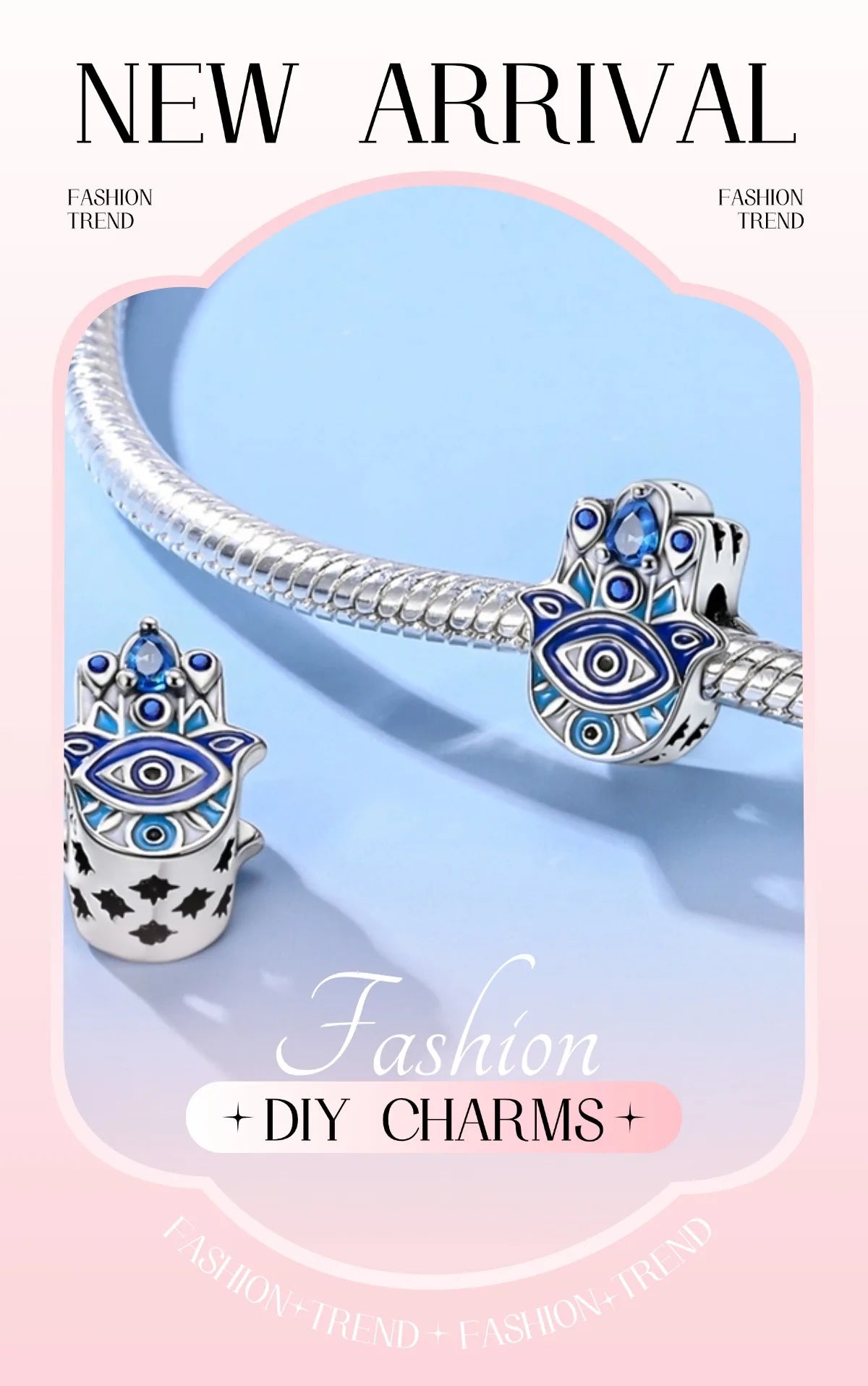 925 sterling silver hand of Fatima DIY charm bead with blue enamel on bracelet