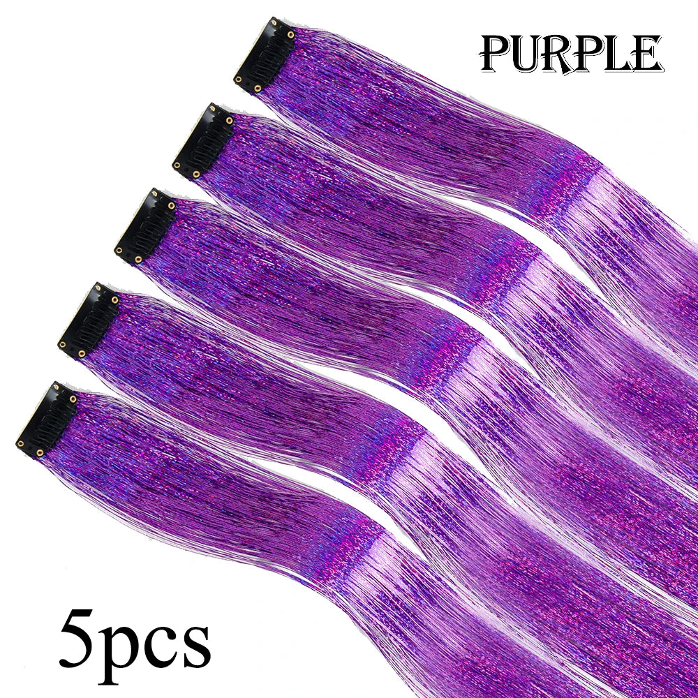 5-piece purple glitter hair tinsel streaks with black clip fasteners