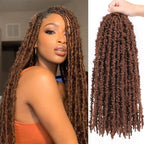 Dark brown loc crochet hair bundle with long tight spiral curls, held up for view