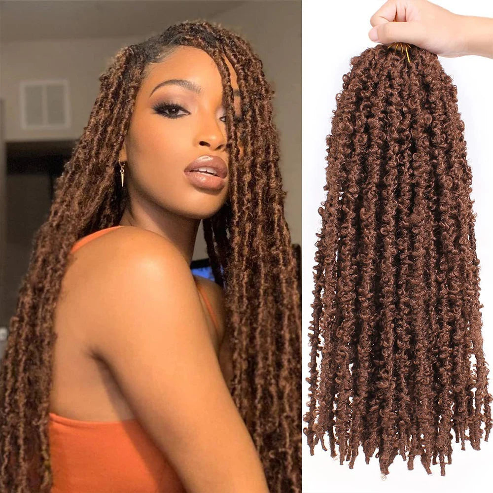 Dark brown loc crochet hair bundle with long tight spiral curls, held up for view