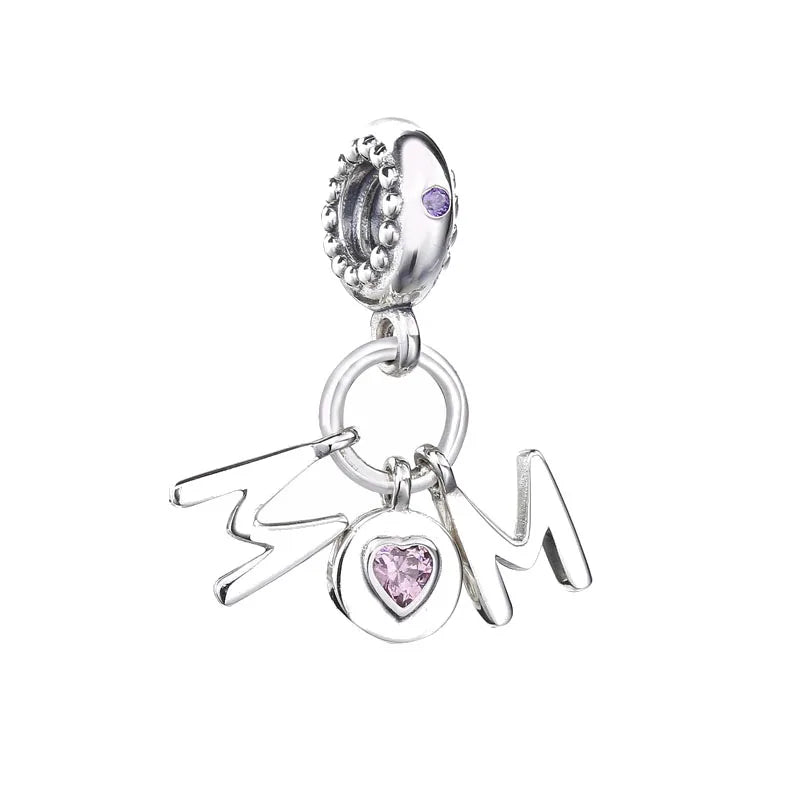 Sterling silver elephant charm bead with purple stone and heart drop