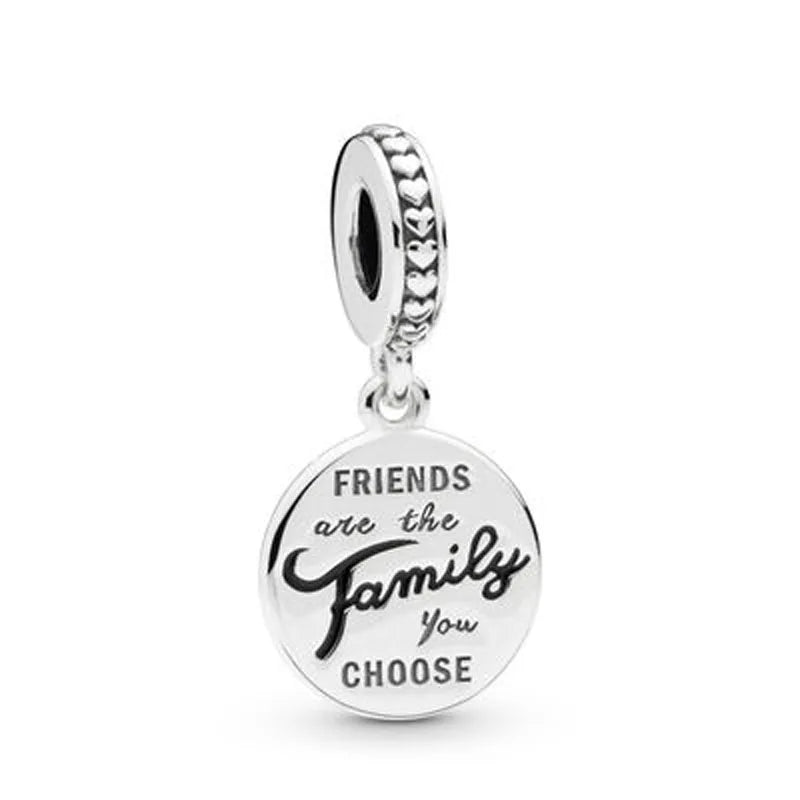Sterling silver round charm bead engraved with “FRIENDS are the family you choose”