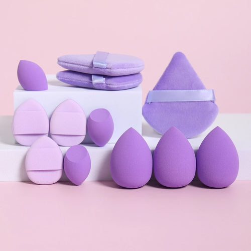 12-piece makeup sponge set in purple, teardrop and egg-shaped applicators