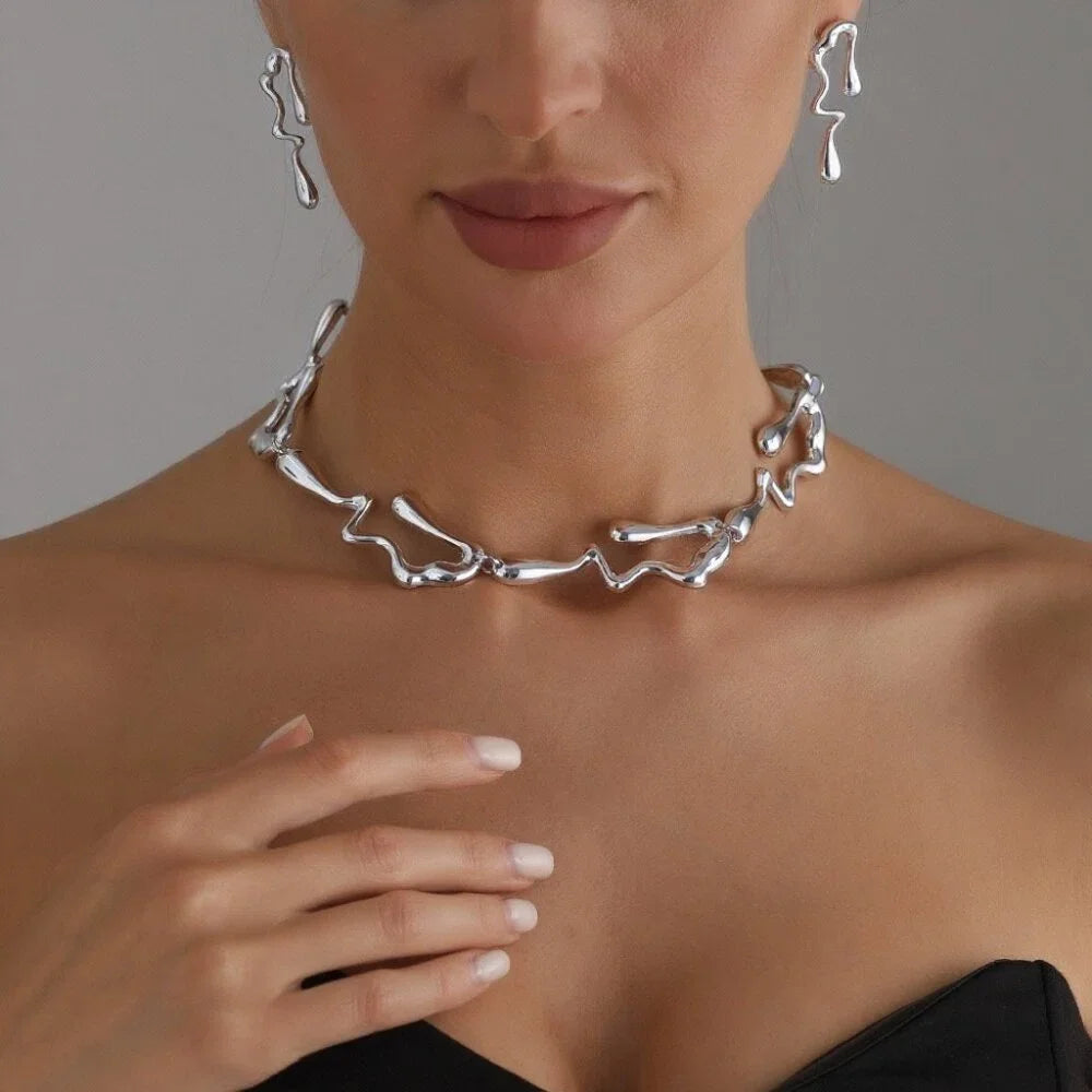 Silver-tone lava drip choker necklace and drop earrings