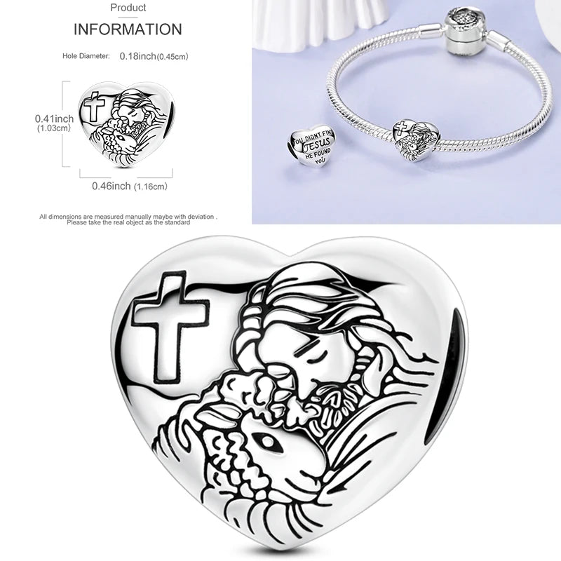 Sterling silver heart charm with Jesus and cross engraved religious motif