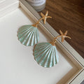 Starfish shell dangle earrings with gold starfish and teal scallop shell drops