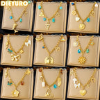 Gold-tone multi-pendant necklace shown in multiple styles with turquoise blue charms