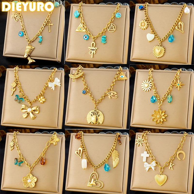 Gold-tone multi-pendant necklace shown in multiple styles with turquoise blue charms