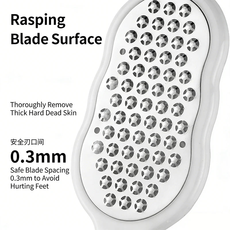 Double-sided foot file blade with perforated stainless-steel surface, white handle