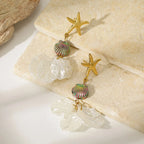 Gold starfish and rainbow striped shell bead earrings with white petal drop charms