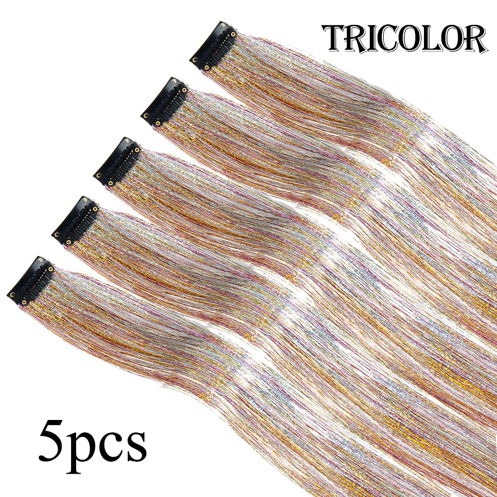 Glitter hair tinsel set, tricolor, 5 pieces with clip-on strands
