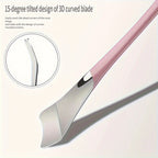 Facial blackhead removal tool with curved stainless scoop blade and pink handle