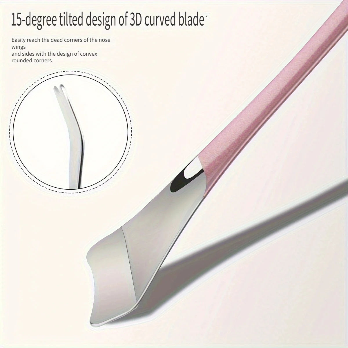 Facial blackhead removal tool with curved stainless scoop blade and pink handle