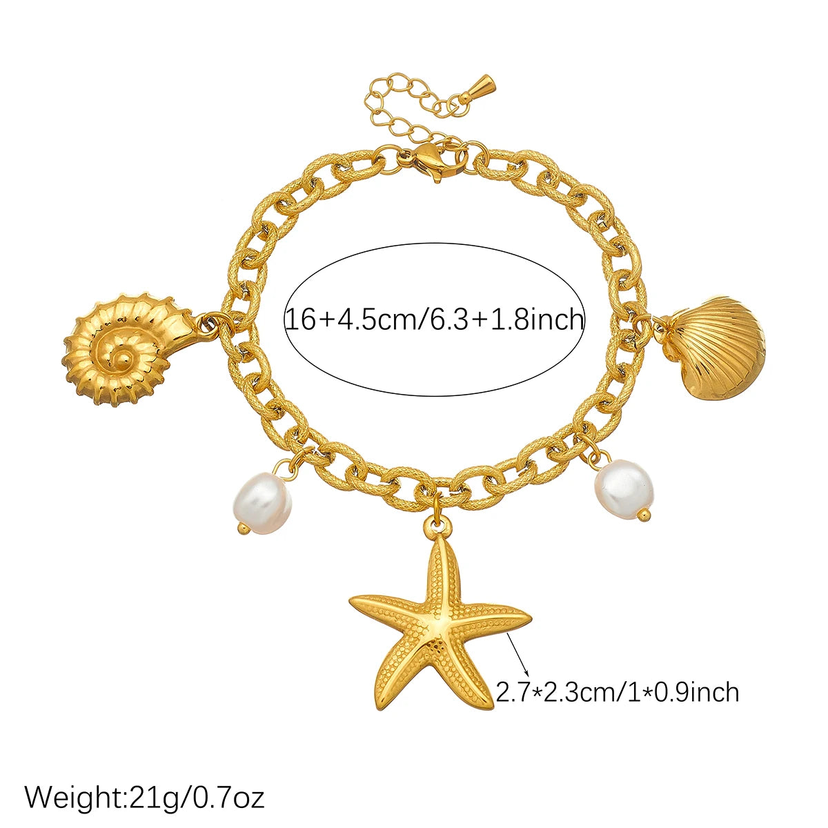 Gold-plated charm necklace with starfish pendant, shell charm, and white pearl bead accents