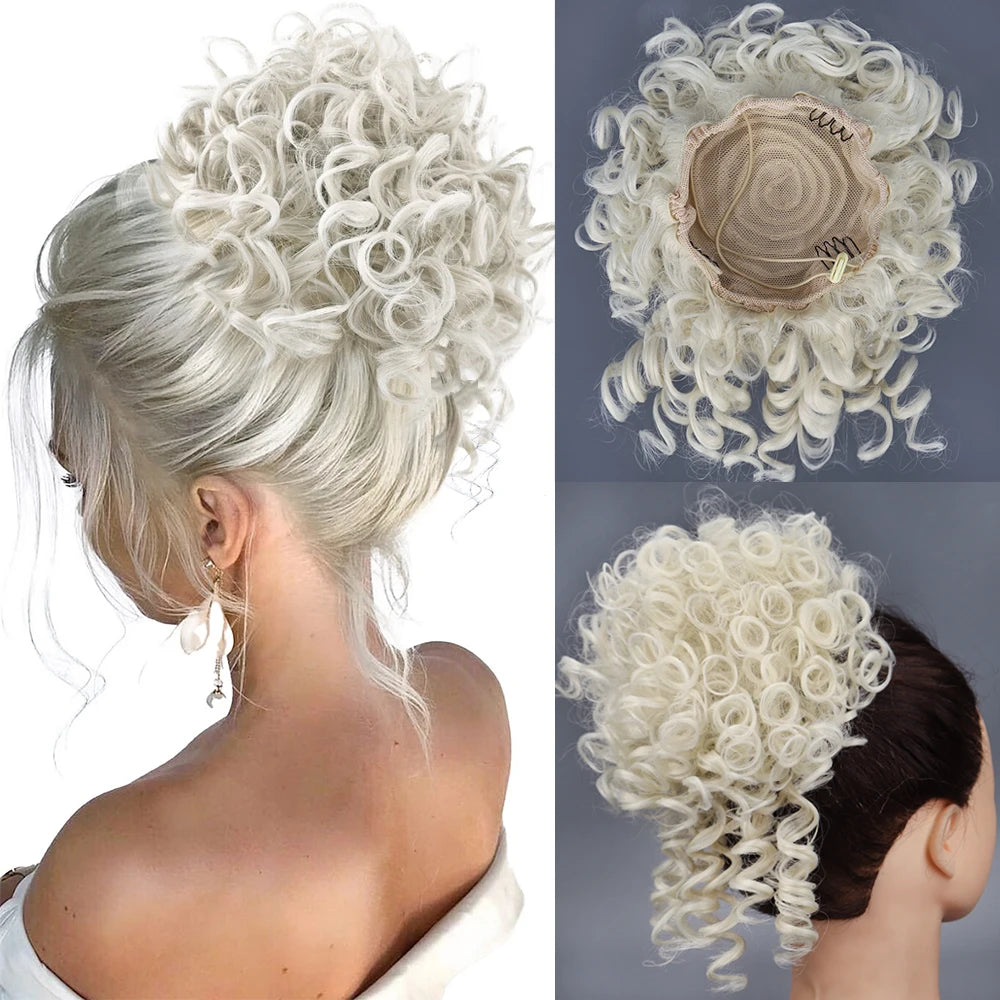 Drawstring messy bun hair piece, synthetic curly in platinum white-blonde