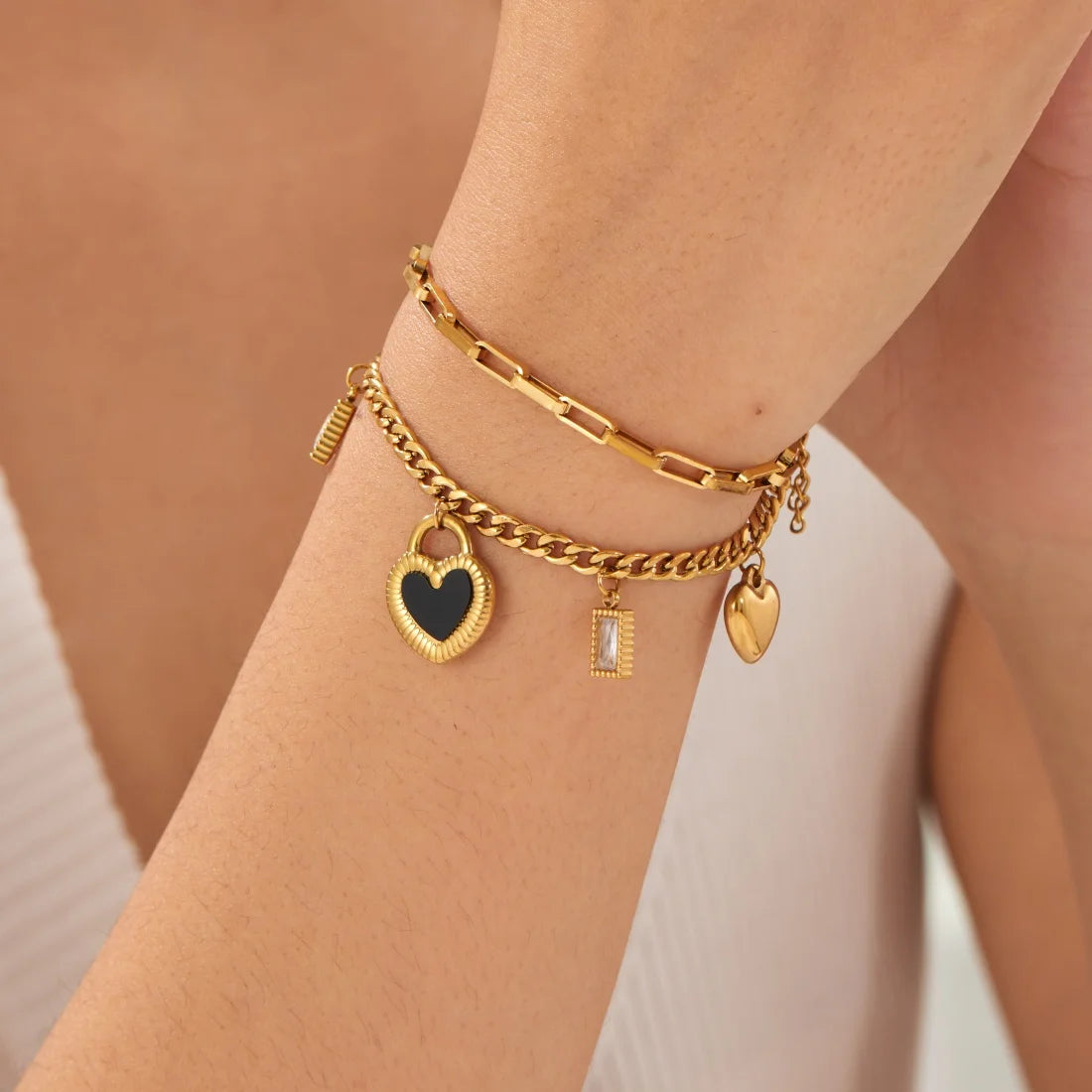 Black Heart Zircon Double-Layer Bracelet — 316L Stainless Steel